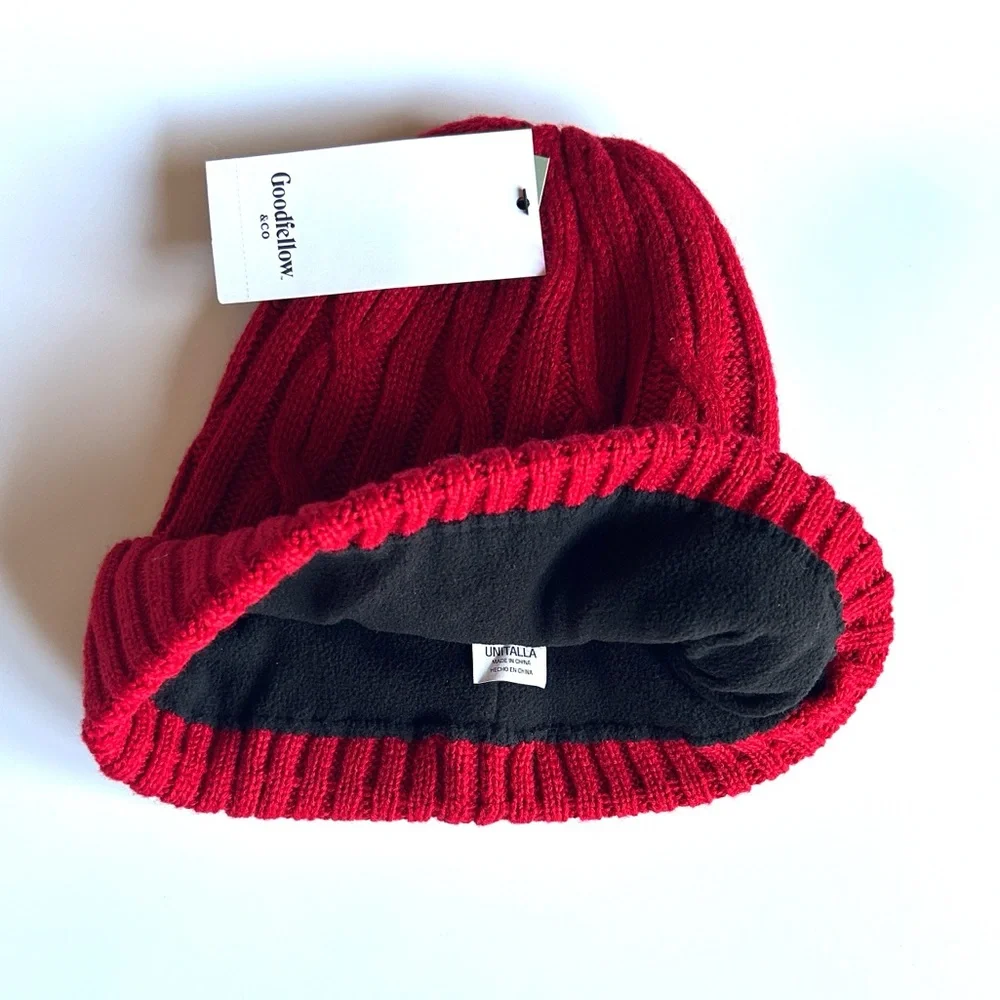 Goodfellow & Co Deep Red Fleece-Lined Cable Knit Beanie Winter Hat